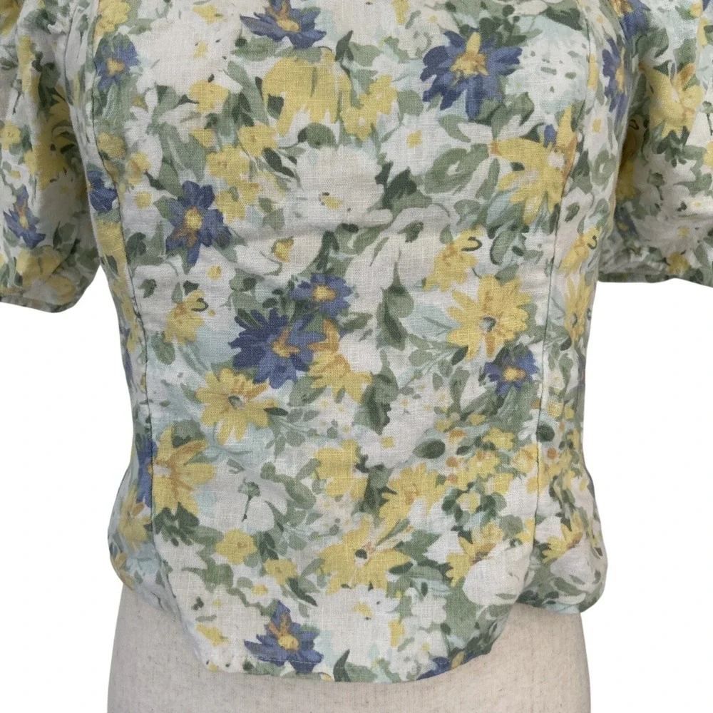 Abercrombie & Fitch Medium Women's Linen-Blend Puff Sleeve Top Yellow Indie Boho